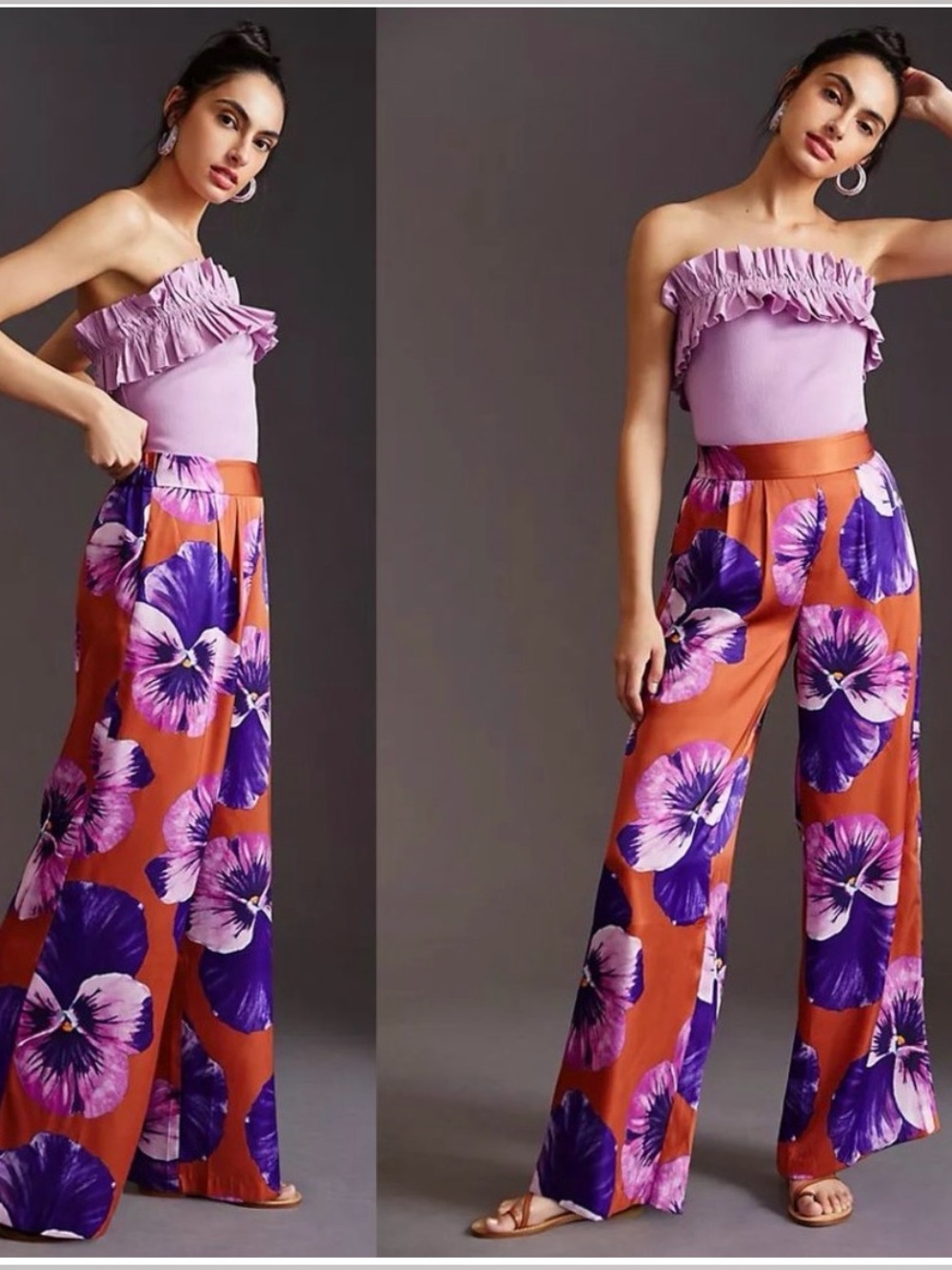 Hutch Anthropologie Satin Floral Pansy Pants Trousers Rust & Purple